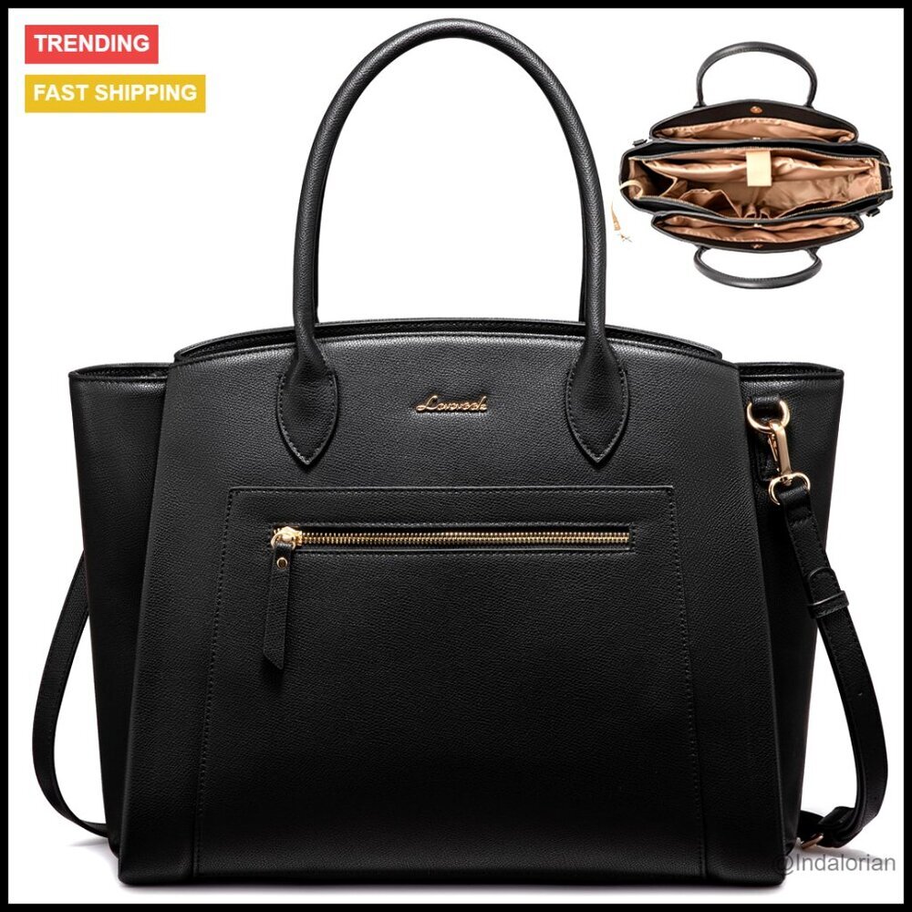 Vegan Leather Laptop Tote Large Capacity Work Bag Multiple Pockets Professional
